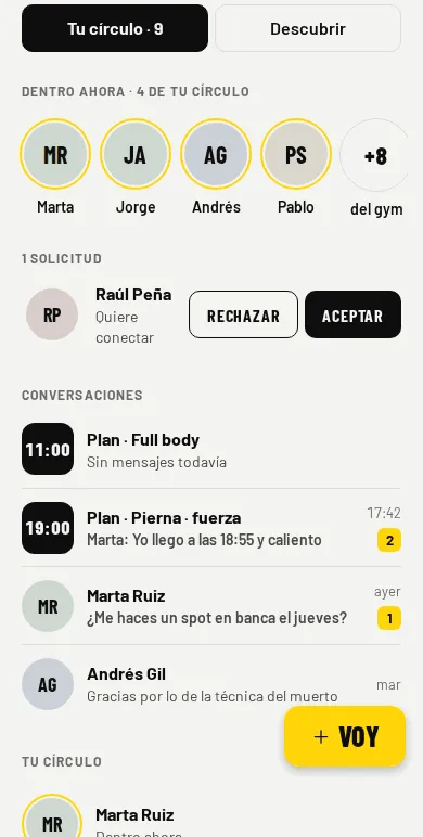 Pantalla Gente de RackMates con tu círculo y el botón Descubrir.