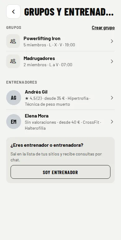 Pantalla Grupos y entrenadores de RackMates con dos grupos, dos entrenadores y el botón Soy entrenador.