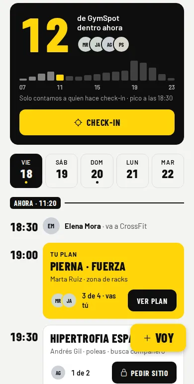 Pantalla Hoy de RackMates con el botón Check-in en un gimnasio.