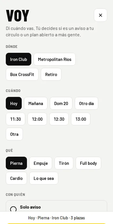Pantalla Voy de RackMates: selector de sitio, día, hora, tipo de entreno y con quién, y el botón Publicar plan.